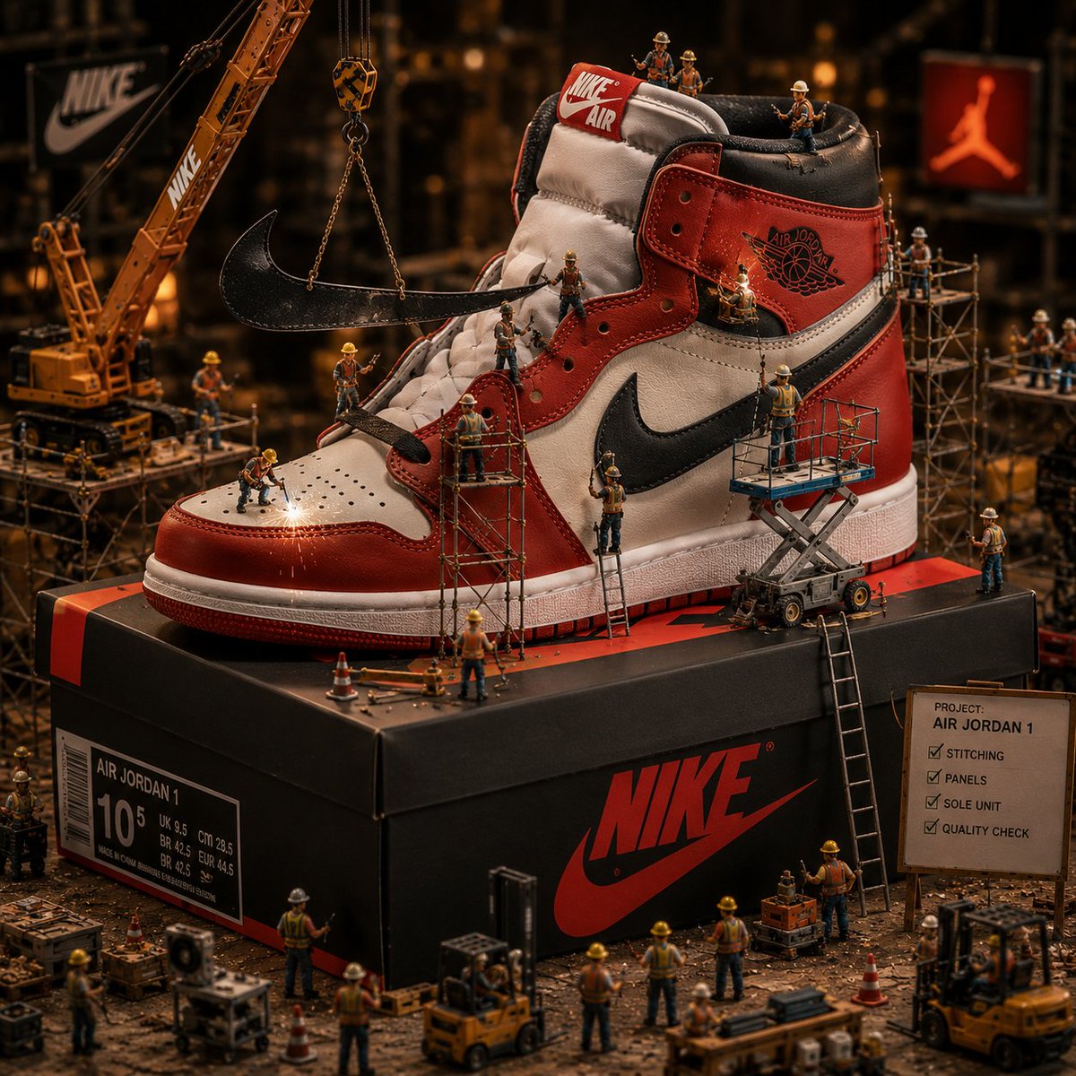 Surreal Macro Scene Featuring Miniature Construction Workers Assembling A Giant