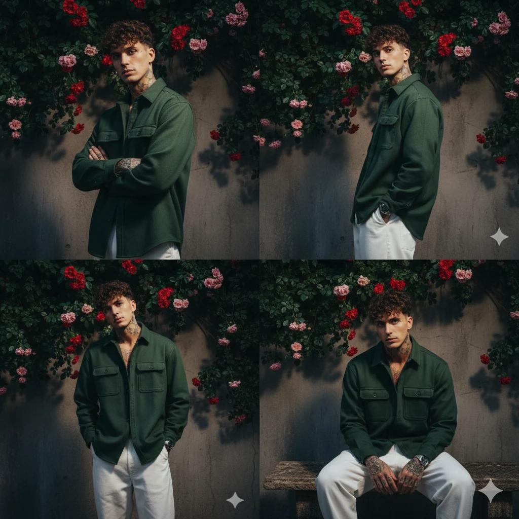 Realistic Dark Green Cinematic Portrait of Confident Young Man