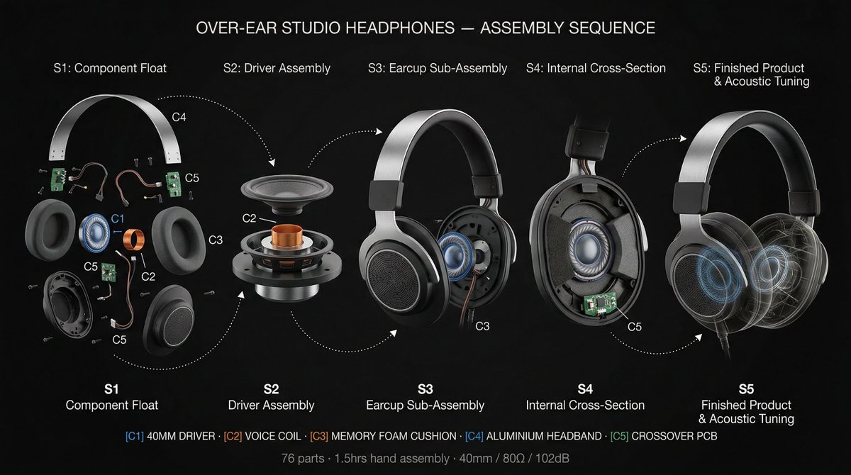 Industrial Product Assembly Timeline with Dramatic Lighting