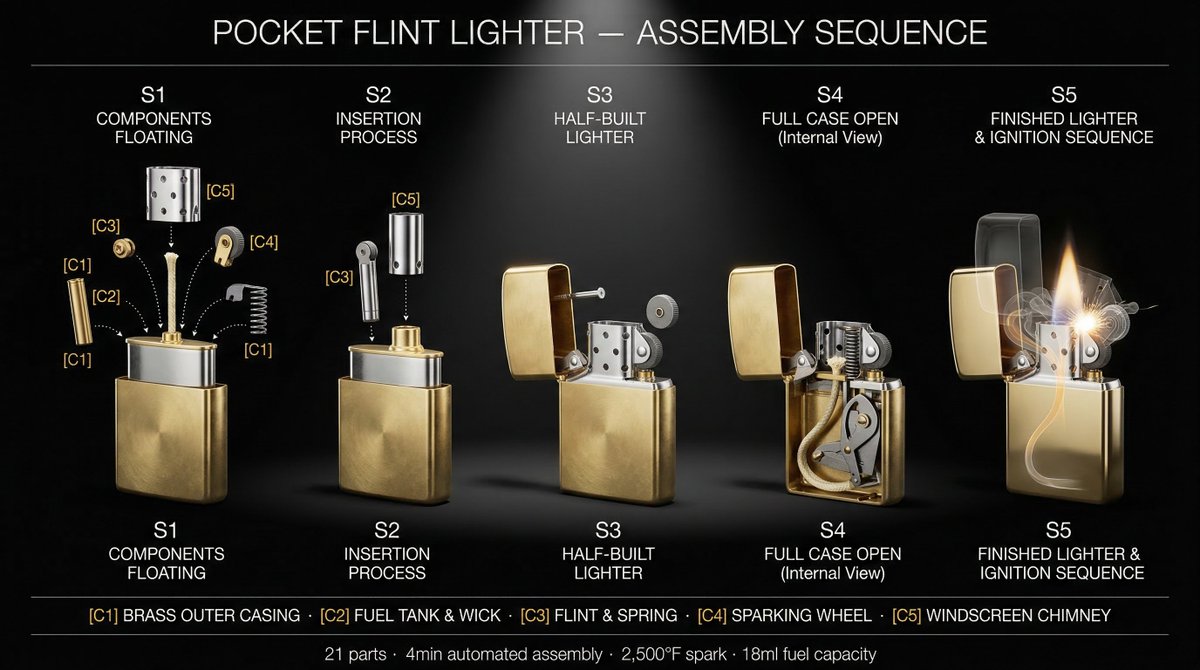 Industrial Product Assembly Timeline with Dramatic Lighting