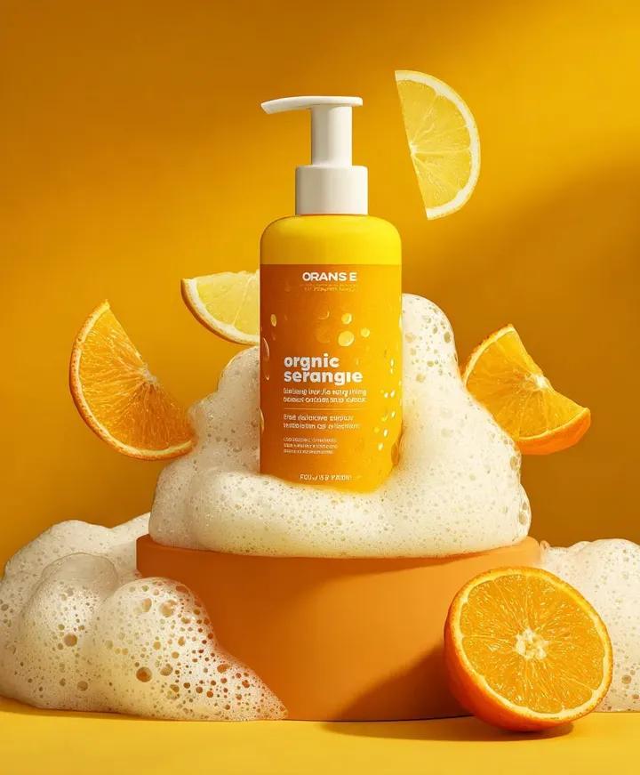 Vibrant Citrus Skincare Bottle Advertisement
