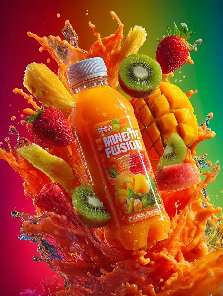 Bursting Mango Juice Bottle Product Shot