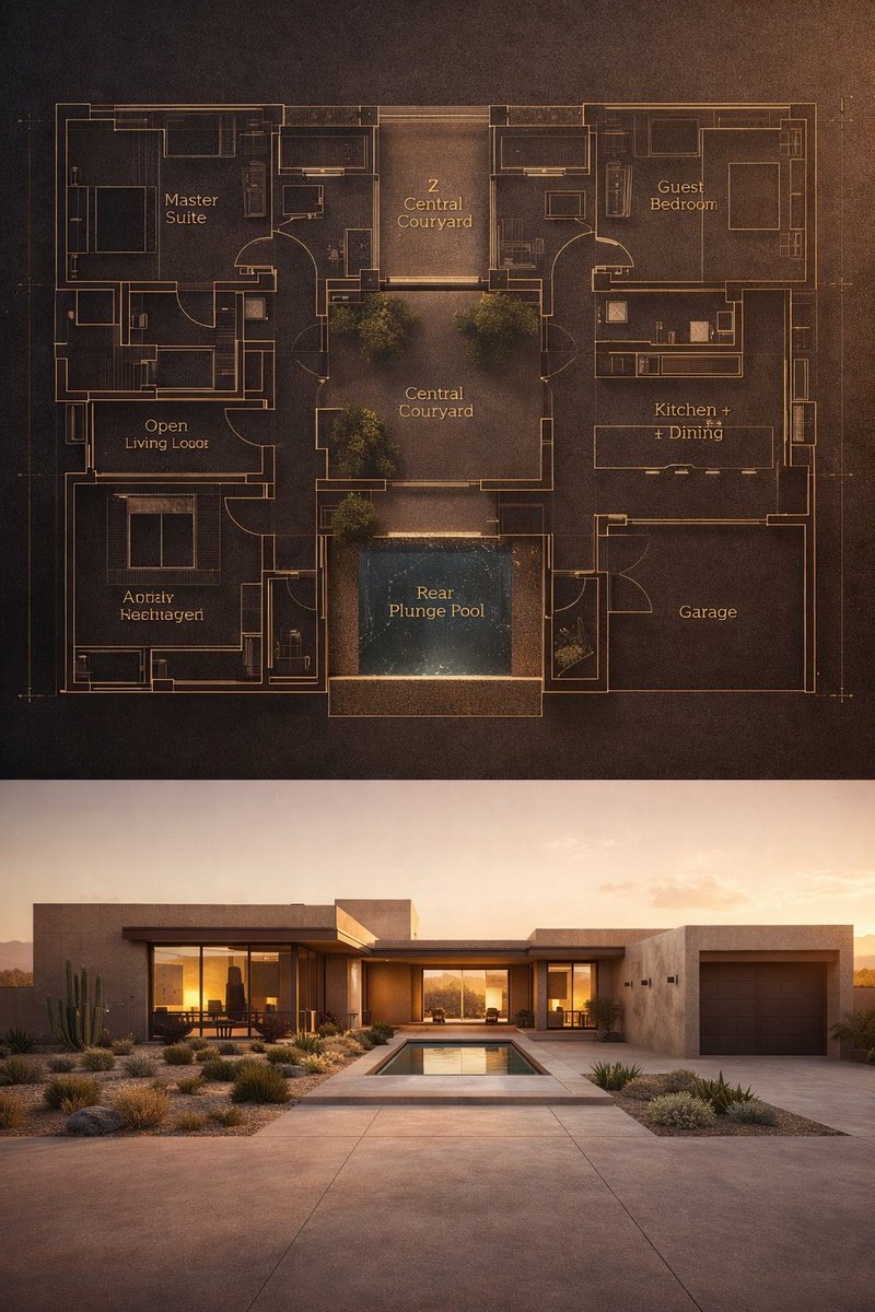 Architectural Split Visualization: Blueprint & 3D House Render
