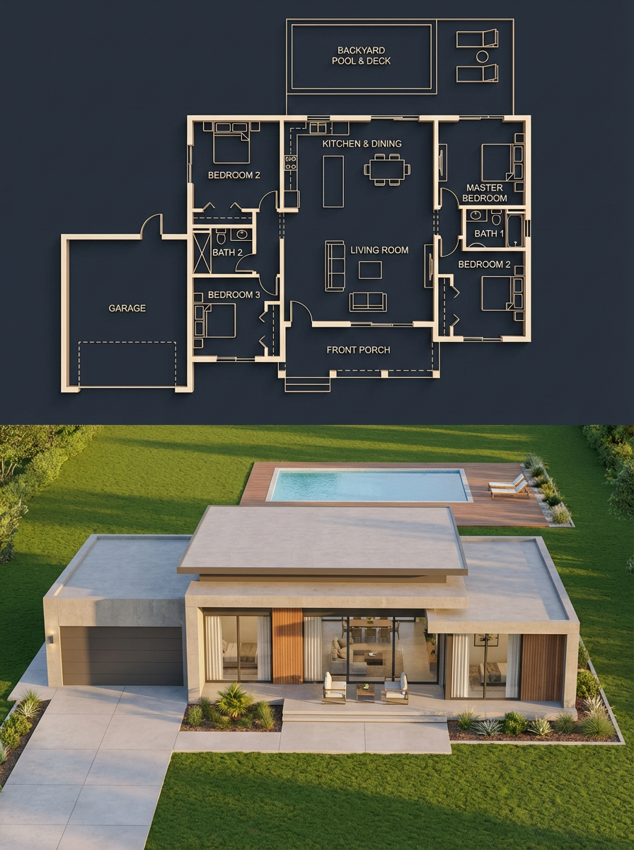 Architectural Split Visualization: Blueprint & 3D House Render