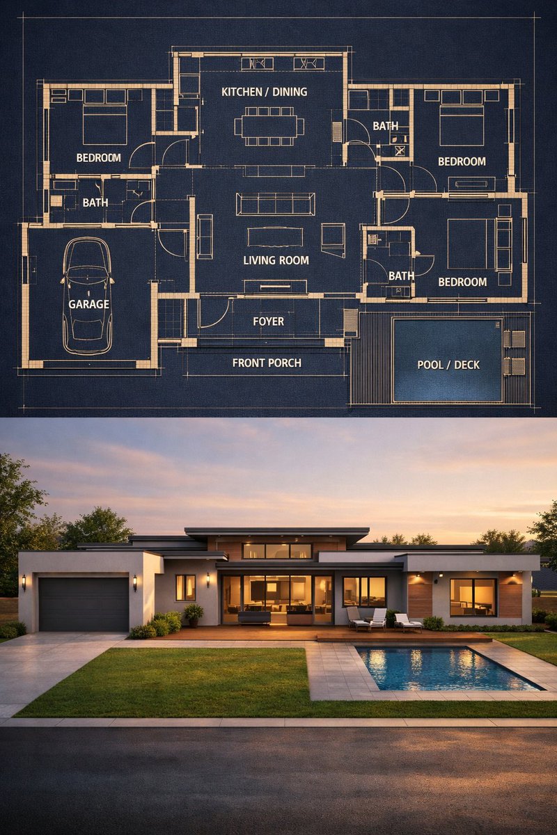 Architectural Split Visualization: Blueprint & 3D House Render