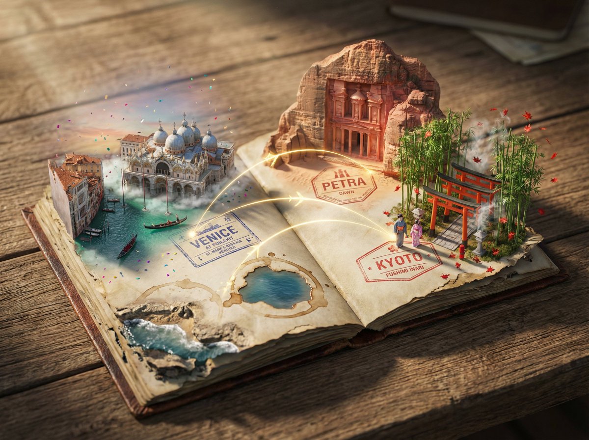Passport Stamps Transforming into Miniature Destinations