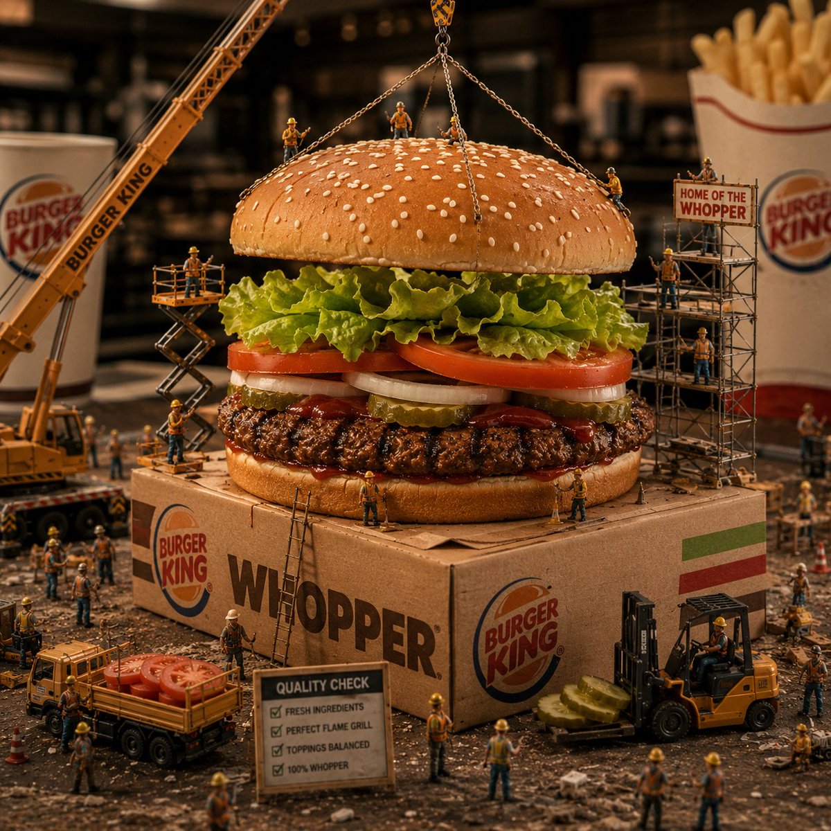 Hyper-Realistic Miniature Construction Site Where Workers Prepare A Giant Pizza