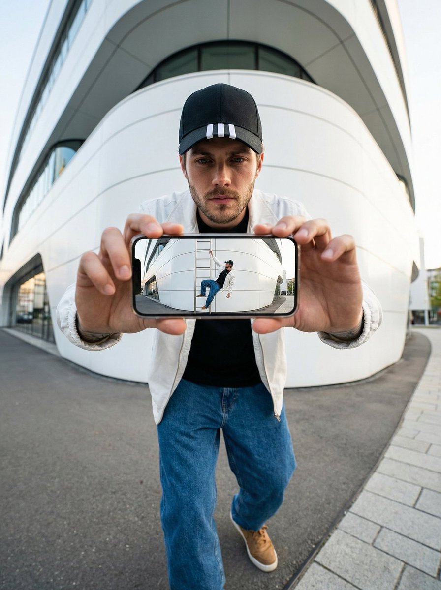 Forced-perspective photo of a person holding a tiny self on a phone screen