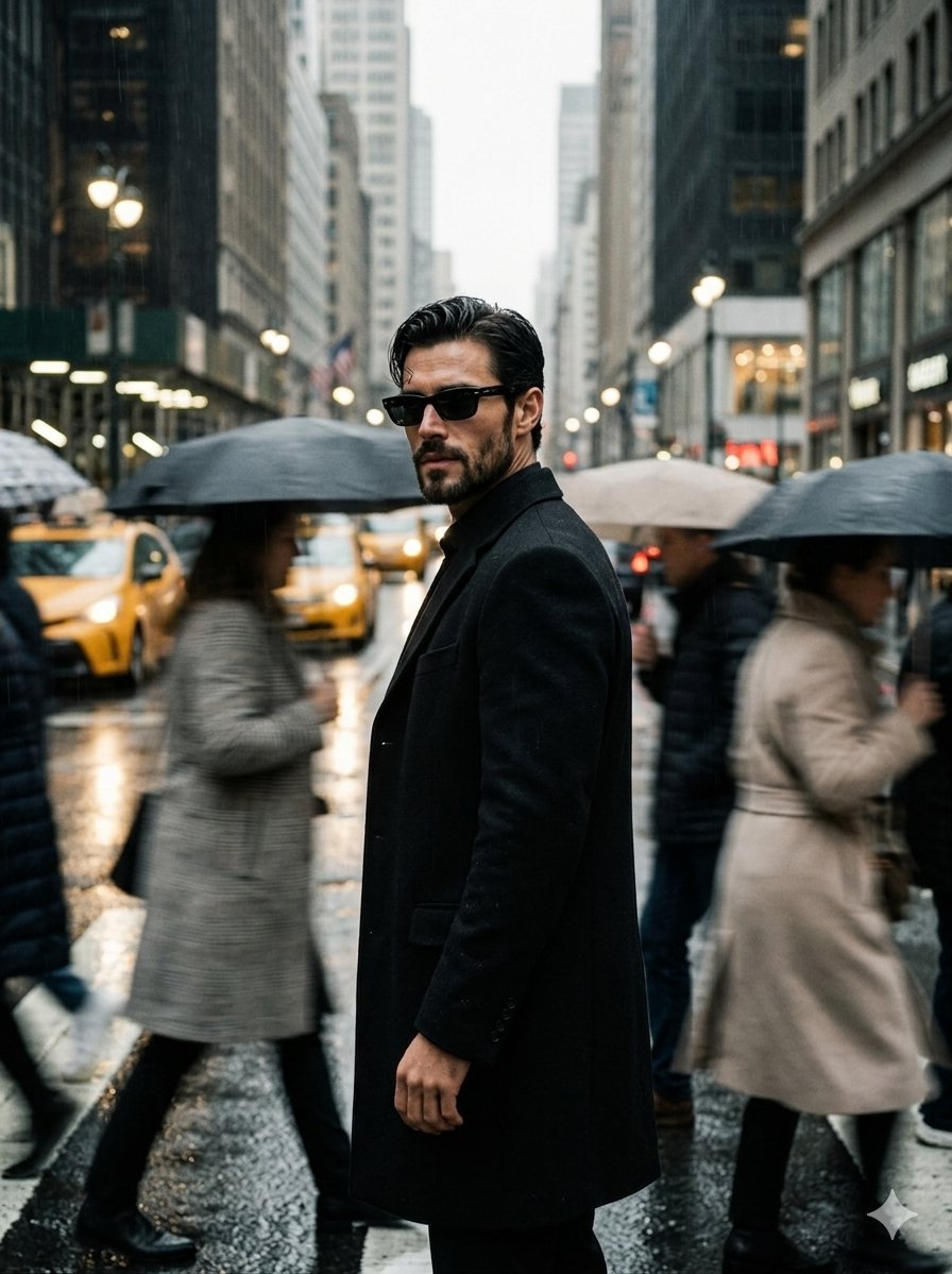 Stylish Man in City: Isolation Amidst Urban Chaos
