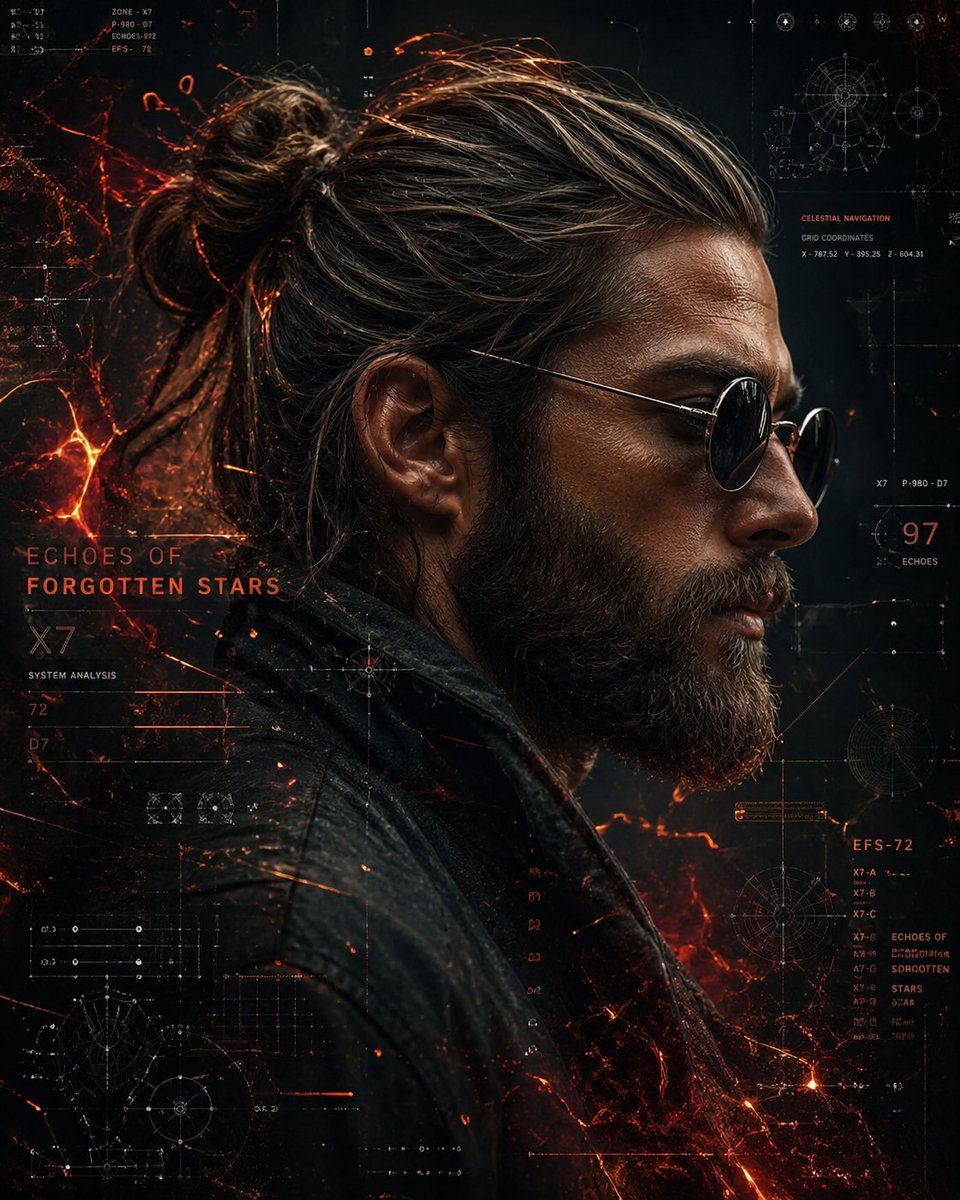 Cinematic portrait of a rugged man in a futuristic sci-fi interface