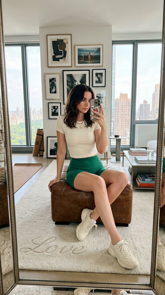 High-Fashion Athleisure Mirror Selfie in Luxury Apartment