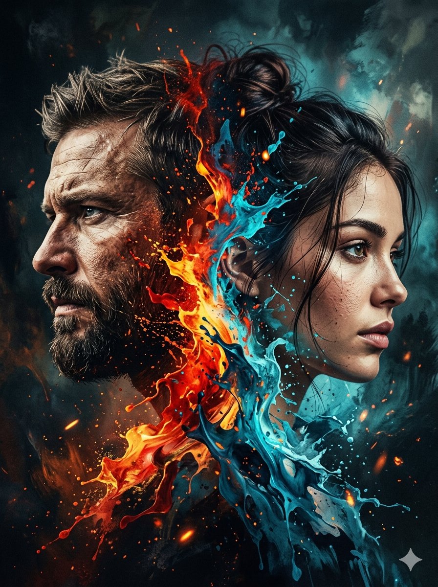 Double-exposure portrait with merging faces and abstract paint