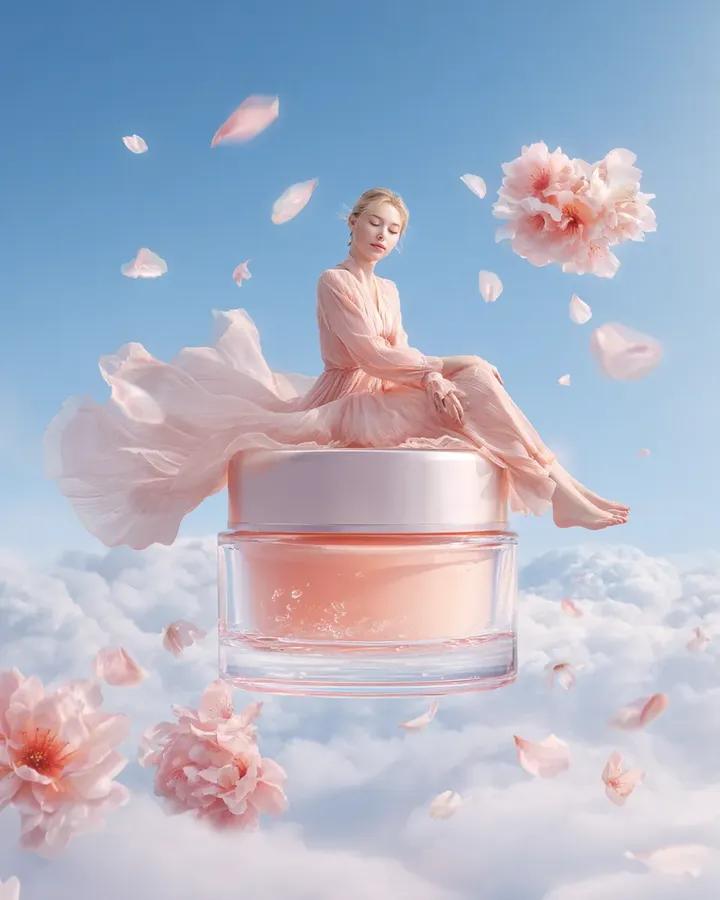 护肤品瓶周围漂浮的柑橘行星