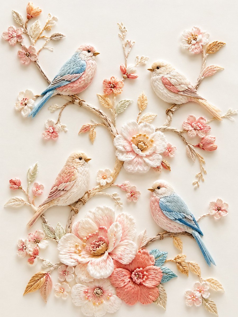 Exquisite Embroidery Illustration of Birds on Branches