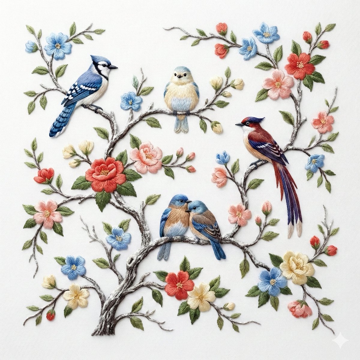 Exquisite Embroidery Illustration of Birds on Branches