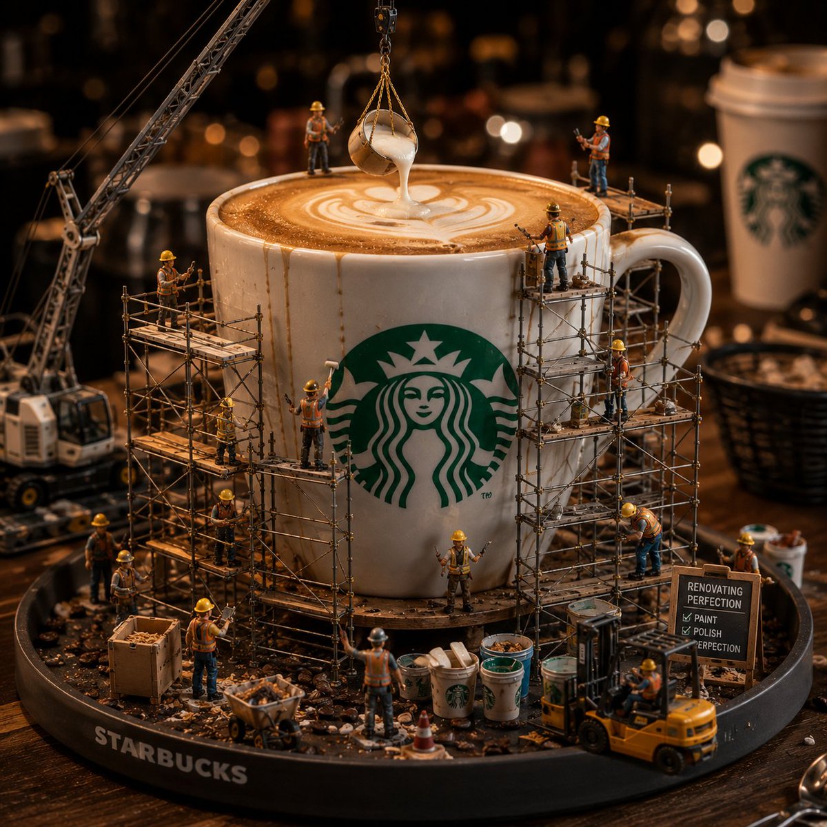 Hyper-Realistic Scene Featuring Miniature Construction Workers Renovating A Giant Starbuck