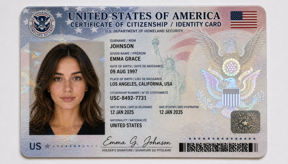 Ultra-realistic {country} Citizenship Card with {gender_age} Portrait