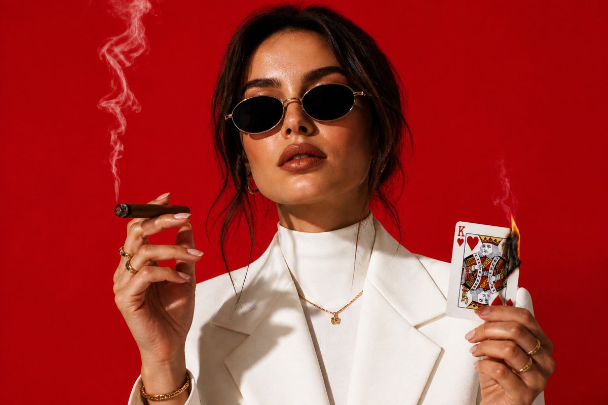 High-fashion portrait of a confident woman with cigar and playing card