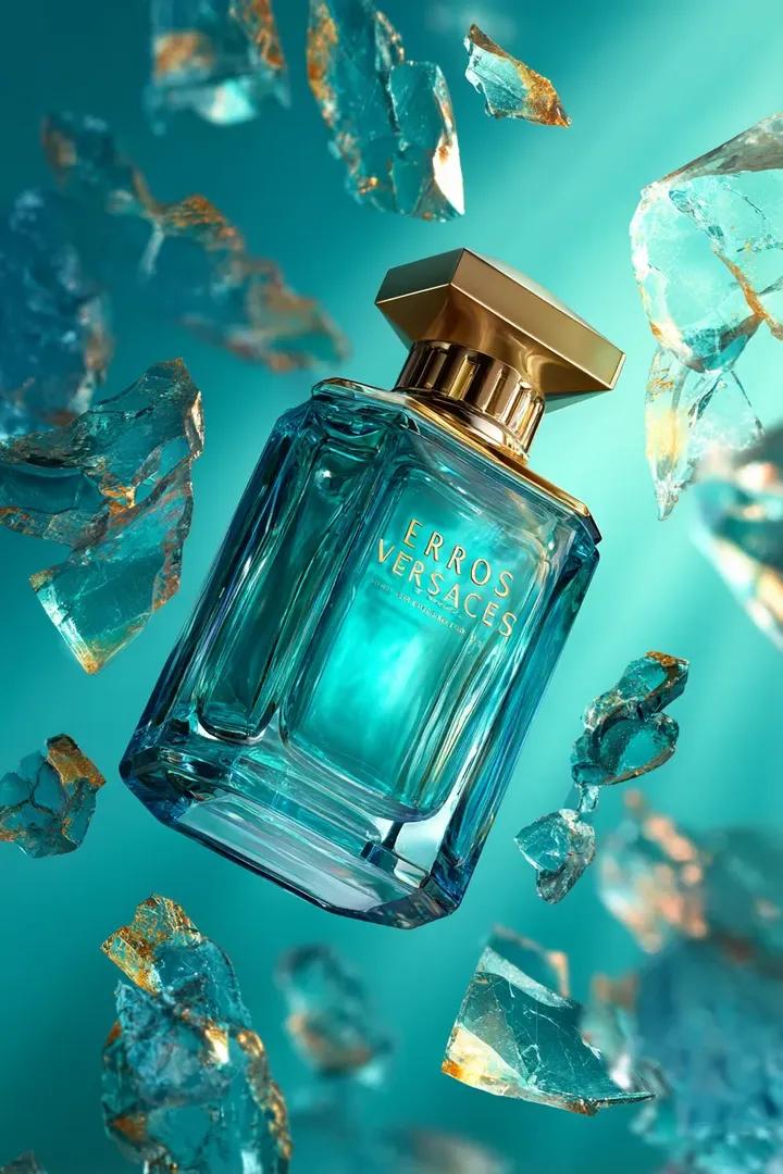 Futuristic Fragrance Ad: Levitating Bottle with Crystal Shards