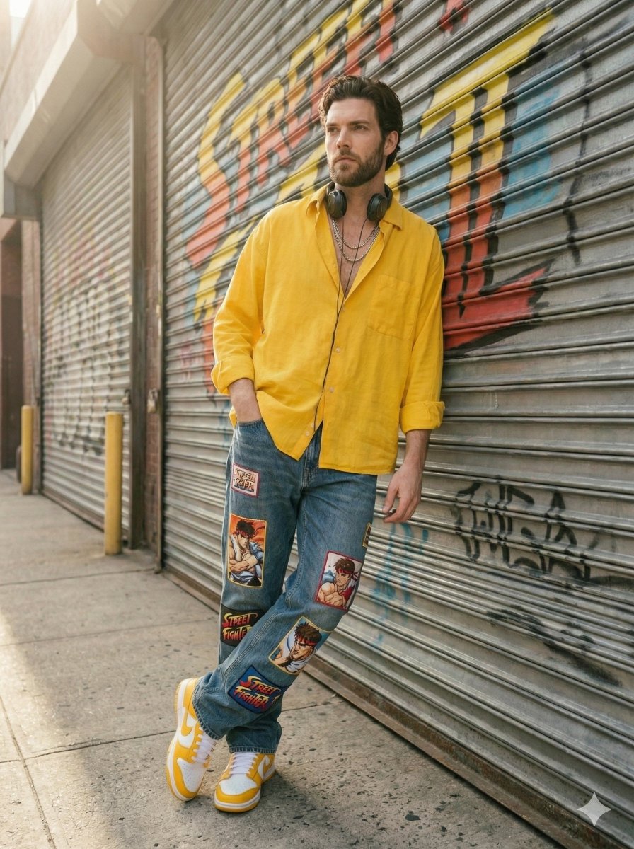 Sunlit Urban Streetwear Portrait of a Stylish Young Man