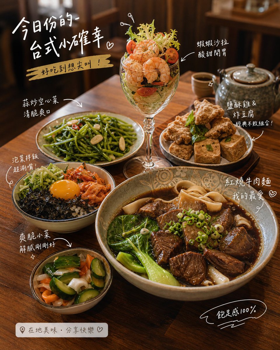 Vibrant Taiwanese Meal Photography with Playful Annotations