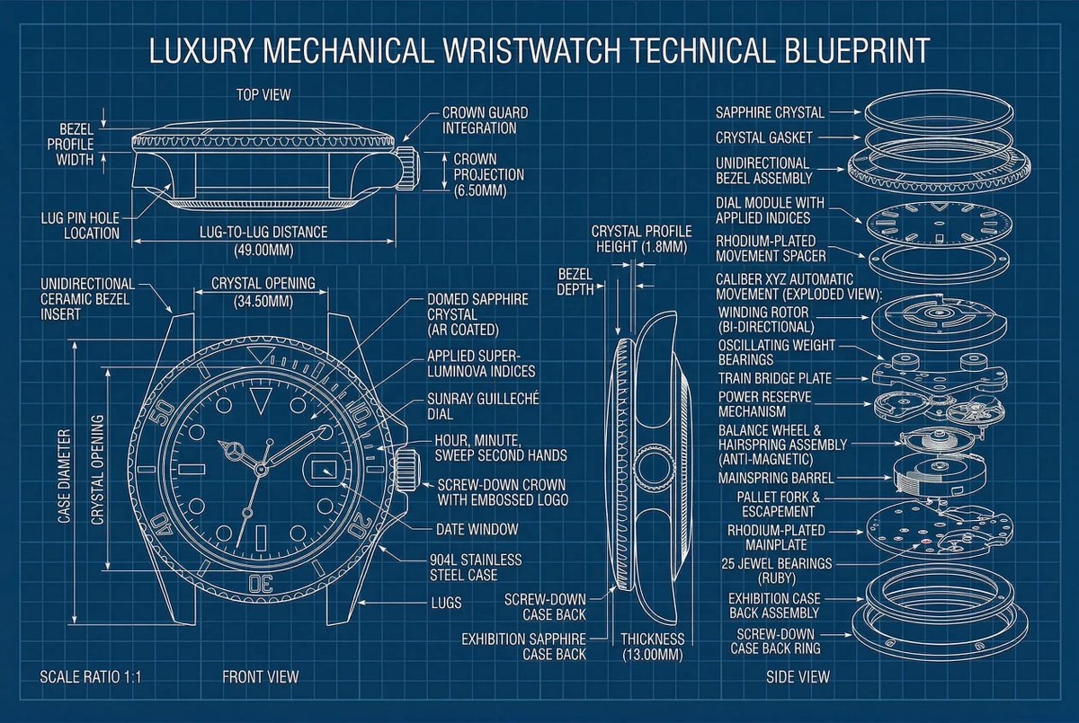 Technical Blueprint Drawing with Orthographic Views