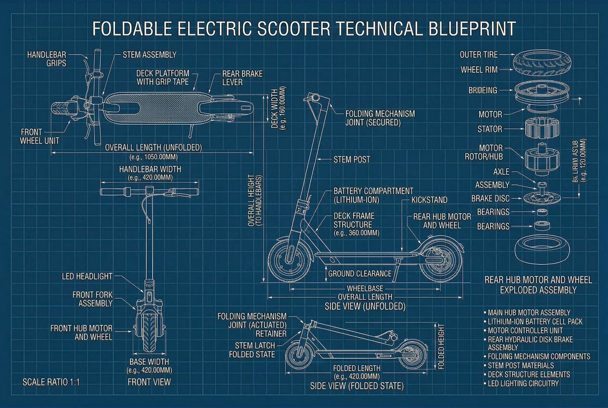 Technical Blueprint Drawing with Orthographic Views