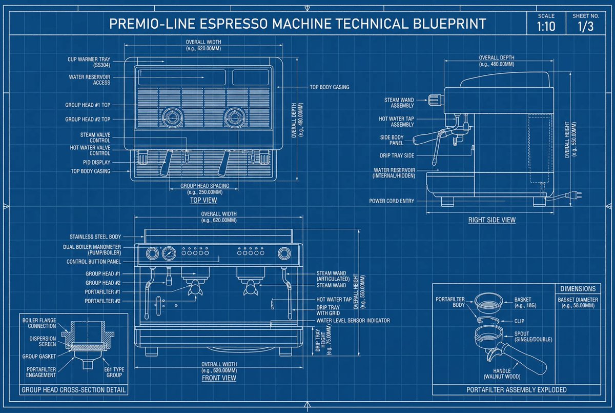 Technical Blueprint Drawing with Orthographic Views
