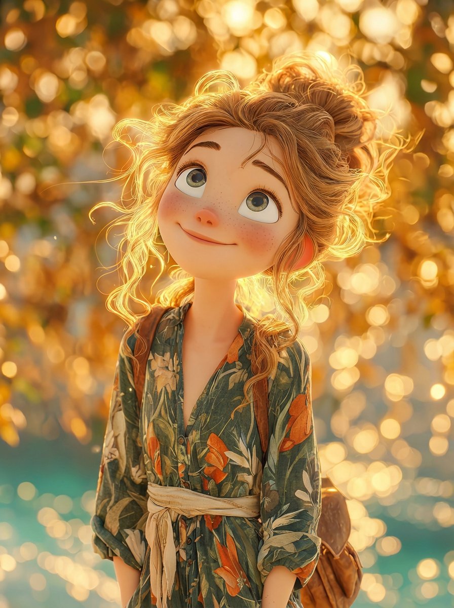 Dreamy 3D Animated Girl with Golden Backlighting
