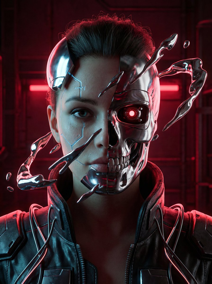 Cyberpunk Split-Face Portrait with Chrome Skull and Liquid Fragments