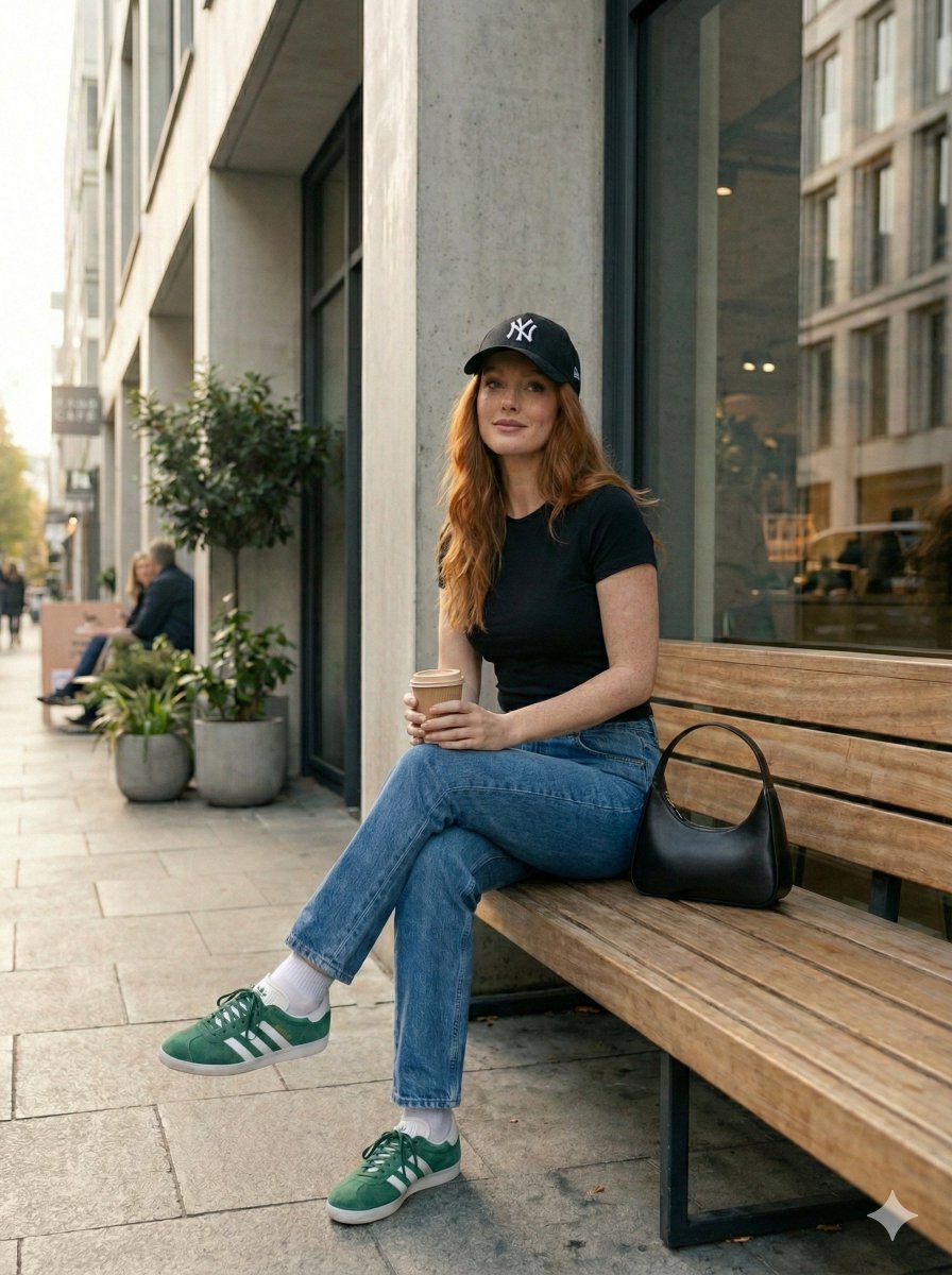 Stylish Woman with Red Hair, Yankees Cap, White T-shirt