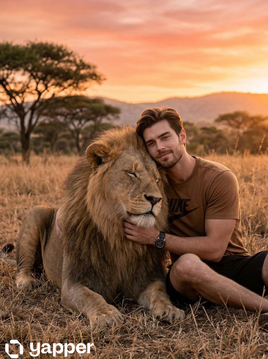 Man Hugging Lion in African Savanna