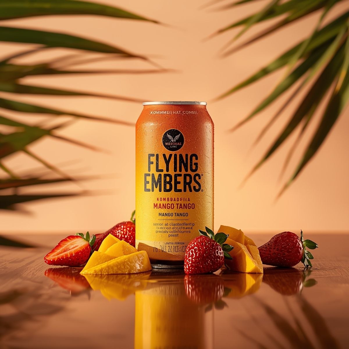 渐变色罐头与热带水果及棕榈阴影