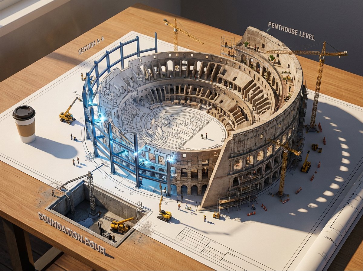 Architectural Blueprint Rising into 3D Construction
