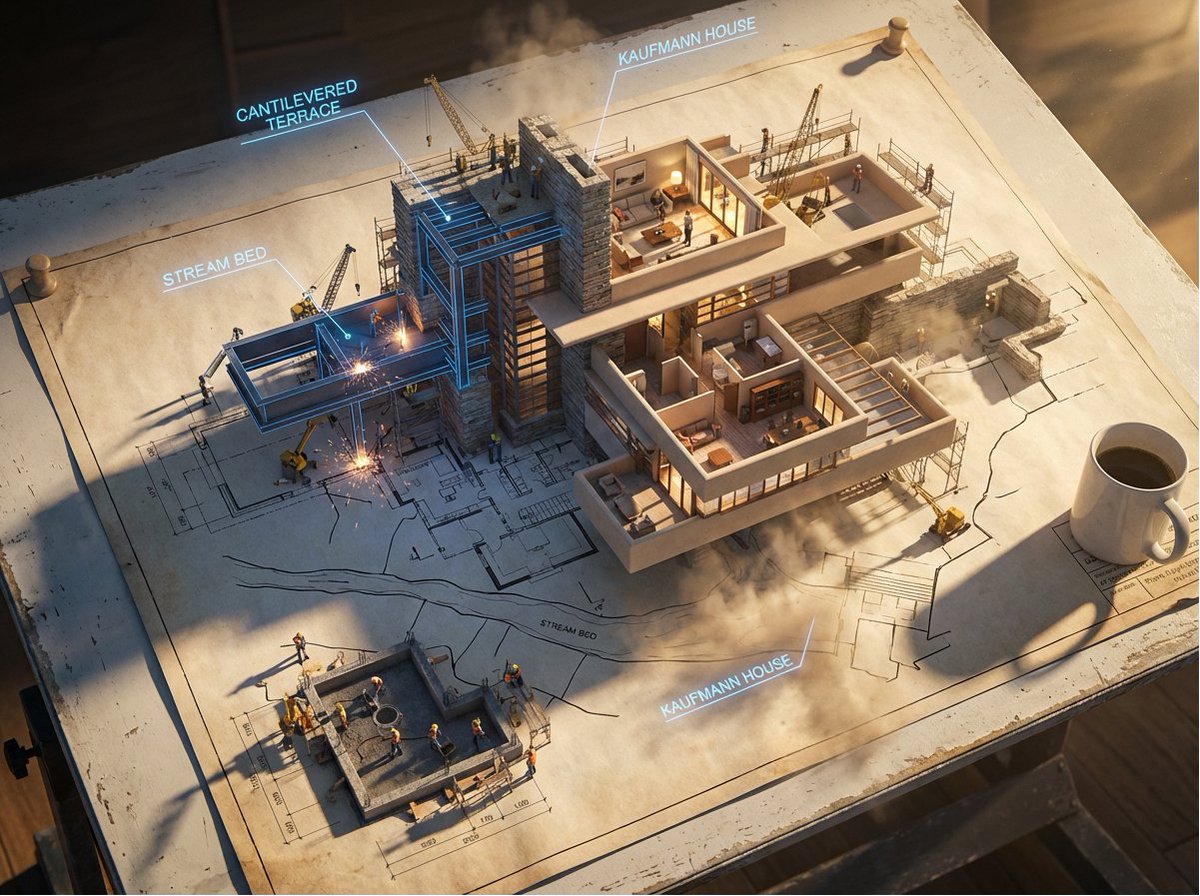 Architectural Blueprint Rising into 3D Construction