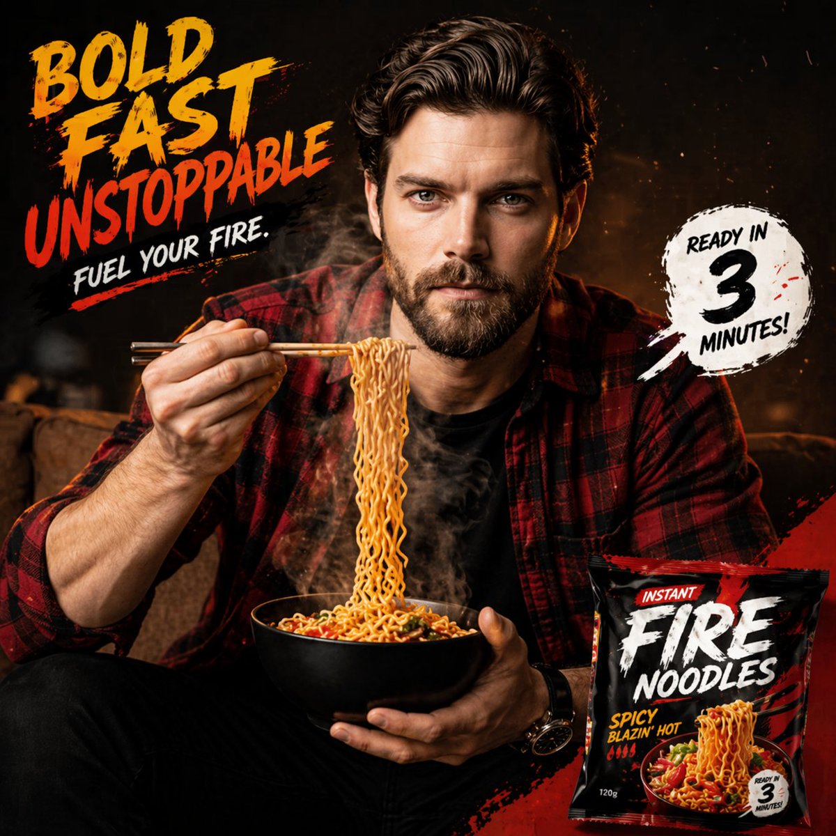 Energetic Noodle Advertisement with Dramatic Steam