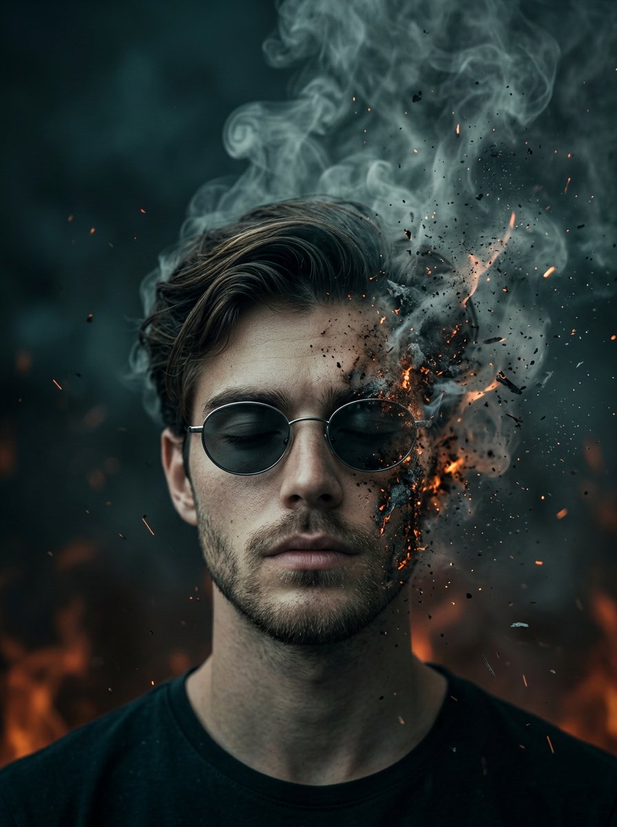 Surreal Cinematic Portrait with Disintegrating Face