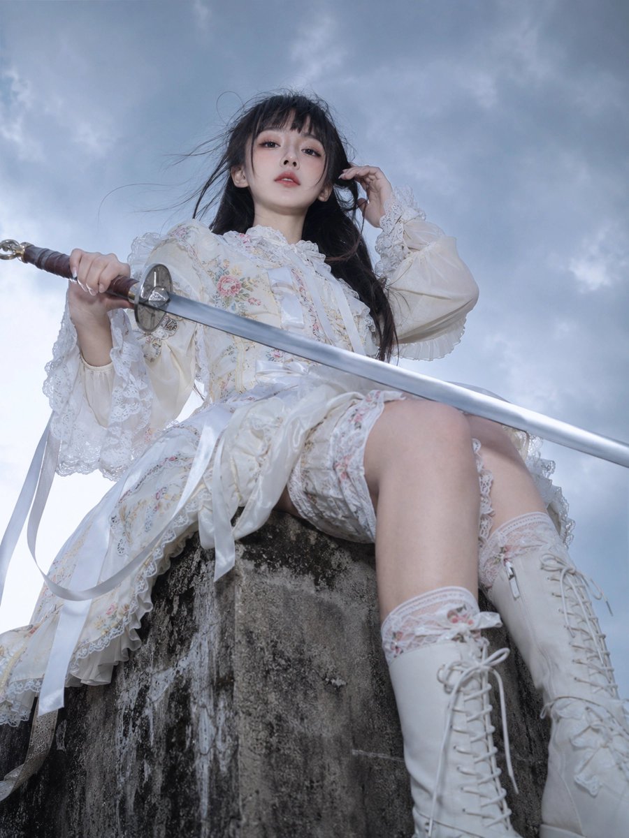 White Lolita Knight With Sword Low-Angle Portrait