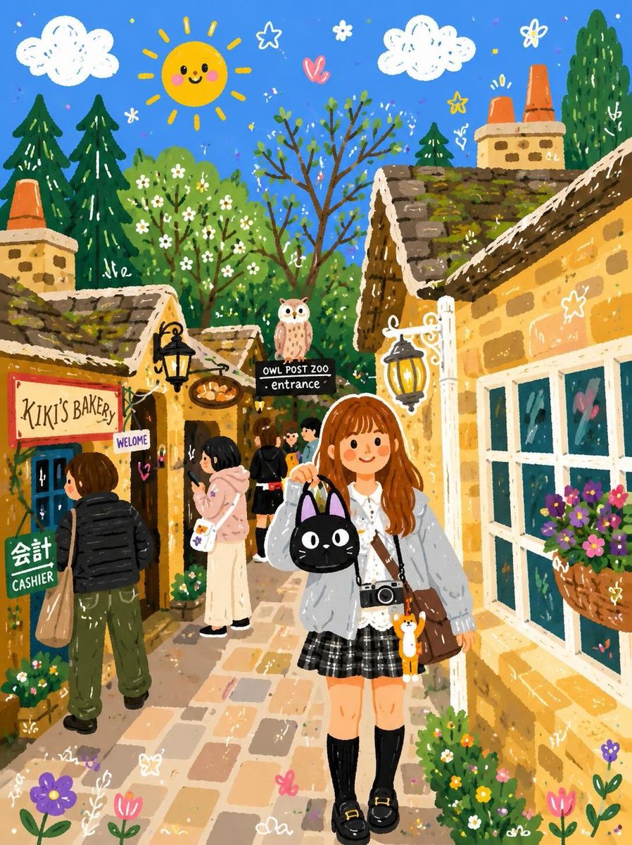 Whimsical Folk Flat Illustration with Doodle Elements