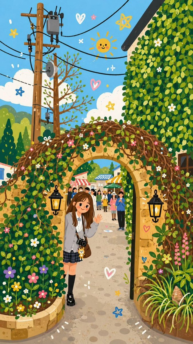 Whimsical Folk Flat Illustration with Doodle Elements