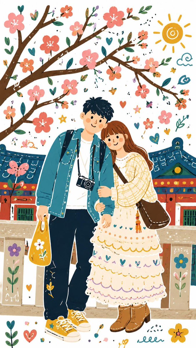 Whimsical Folk Flat Illustration with Doodle Elements