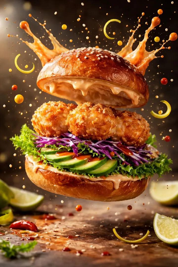 Cinematic Hyperrealistic Mid-Air Food Photography