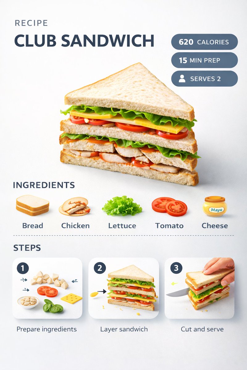 Ultra-clean modern club sandwich recipe infographic
