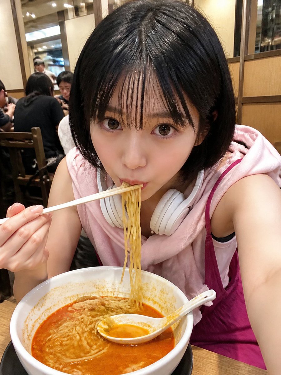 Candid Ramen Selfie with Short Black Bob